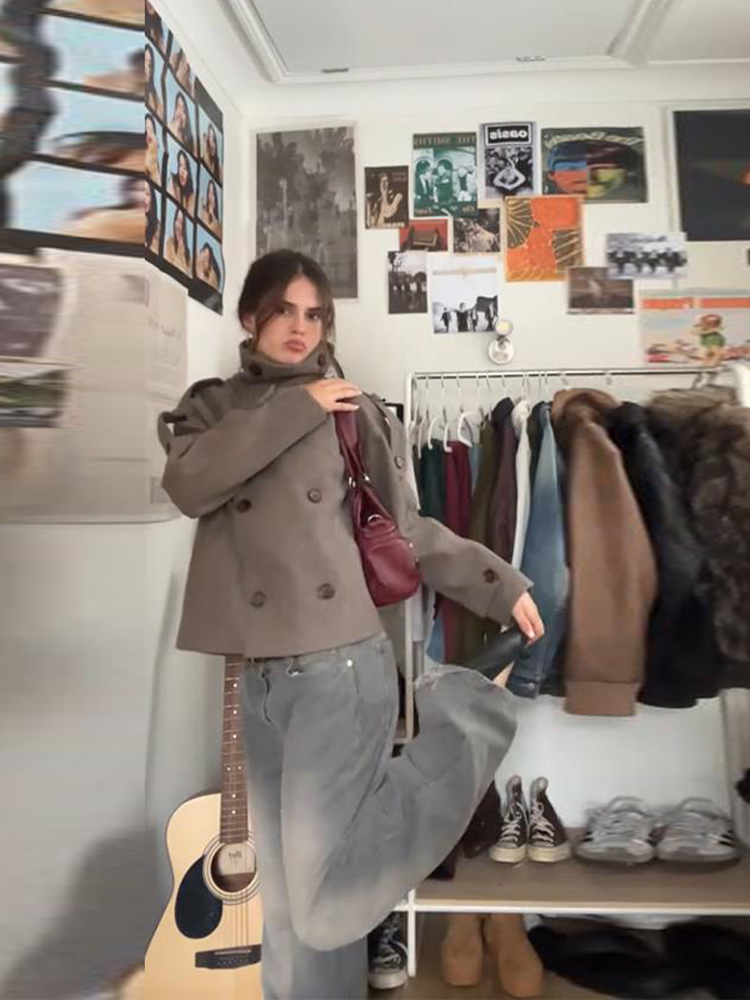 Stand Collar Short Brown Women - огляд і ціна Wool Coat Peacoat