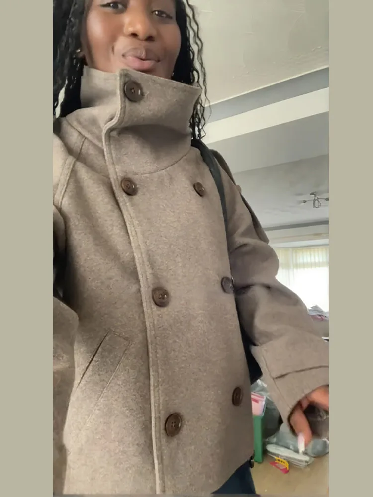 Stand Collar Short Brown Women - огляд і ціна Wool Coat Peacoat